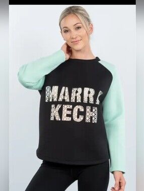 Black Sweatshirt with Mint Raglan Sleeves and 'MARRAKECH' Graphic